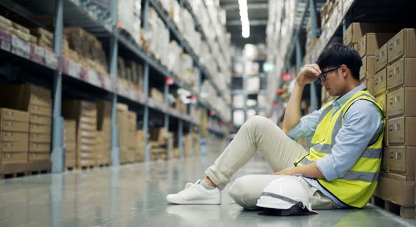 worker stressed out sitting on floor of warehouse