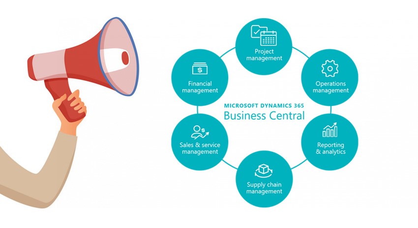 animation of microphone and Business Central key features in a diagram