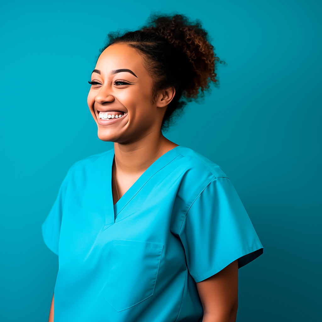 Woman in medical scrubs smiling