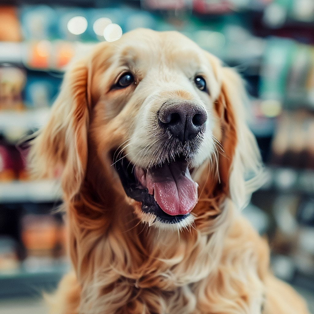 Golden retriever at a pet store