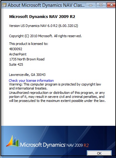 Version information screen in Microsoft Dynamics NAV classic client