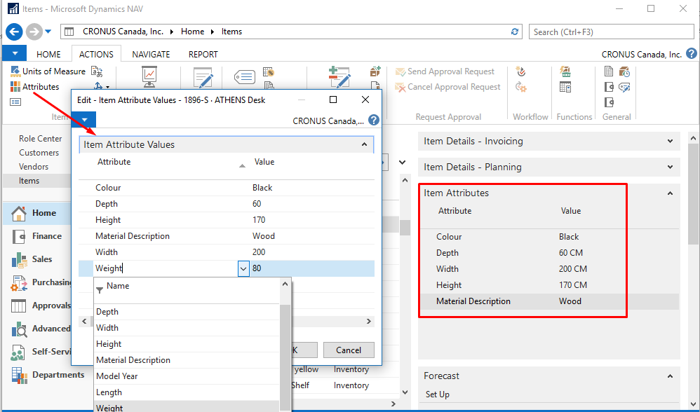 Figure 2 - Assigning Item Attributes to the Item in Dynamics NAV 2017