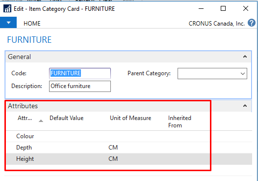 Figure 4 - Assigning Attributes to Item Categories in Dynamics NAV 2017