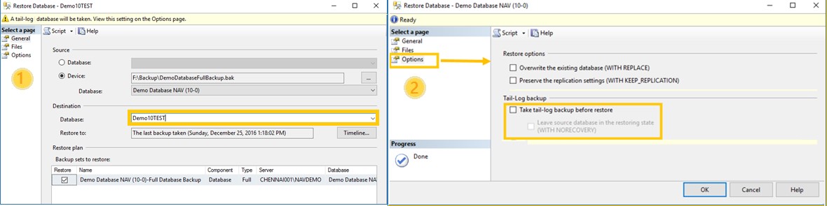 Figure 5 - Rename the Database and the Option Restore Window