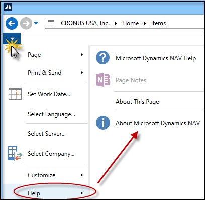 Navigating to Microsoft Dynamics NAV version information in the Role Tailored Client