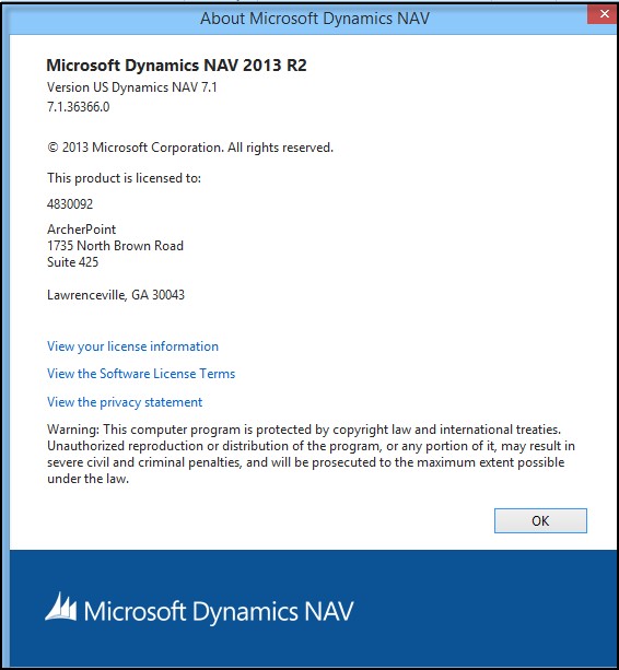 Microsoft Dynamics NAV version information screen in the Role Tailored Client (RTC)