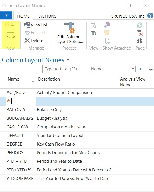 Figure 3 – Creating a new column layout from the Column Layout Names page
