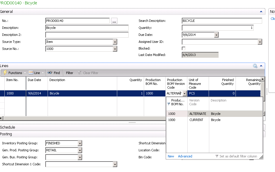 Select Production BOM Version Code and set the Version to Alternate