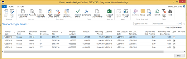 View of the Vendor Ledger Entries window