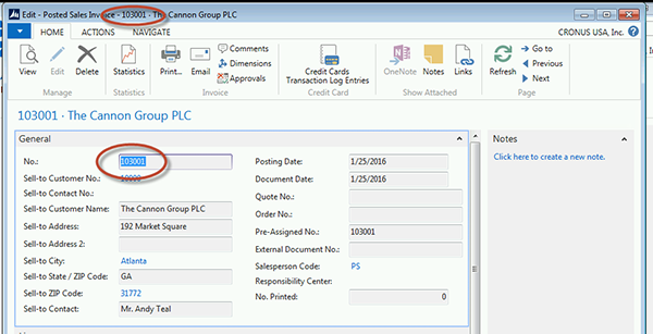 Posted Sales Invoice with No. field showing.