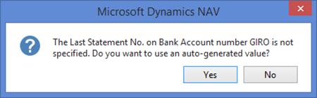 Message box when bank account has not been previously reconciled.