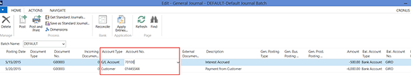 General Journal with Account Type and Account No. fields highlighted.