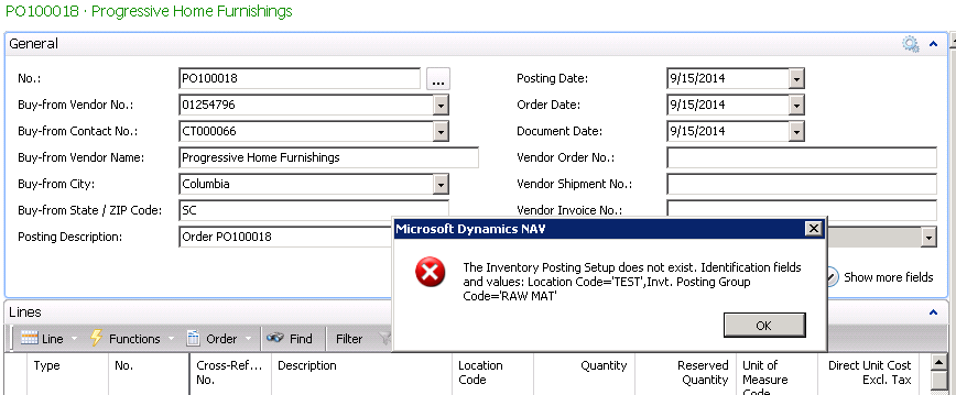 Error displayed when trying to receive a Purchase Order into the new Location