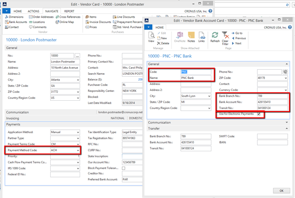 Screenshot of Vendor Card and Bank and Account Card with Required Fields Highlighted for Electronic Payment.