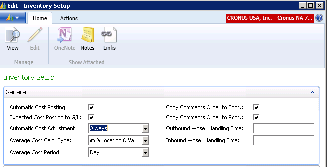 Inventory Setup with Automatic Cost Posting turned ON and Automatic Cost Adjustment set to Always