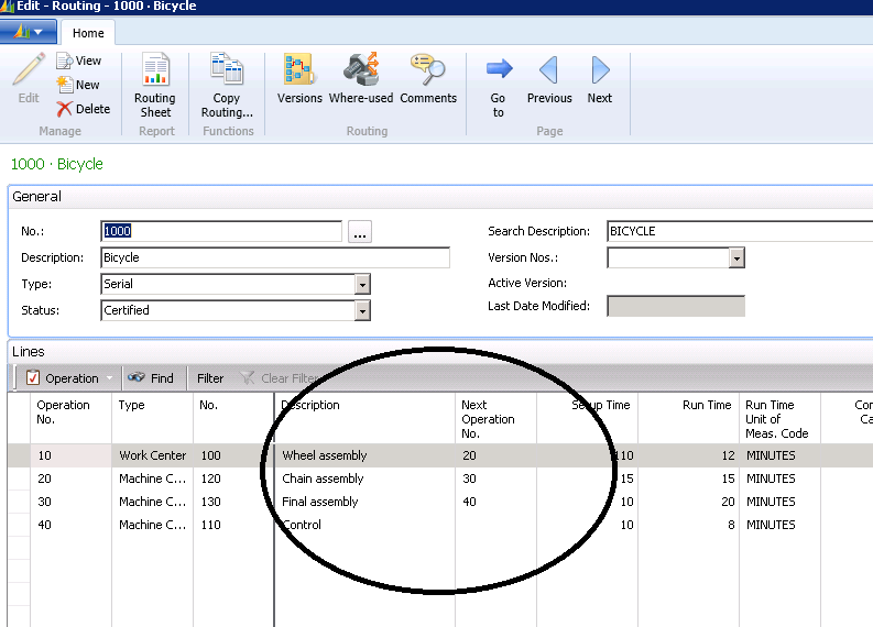 Dynamics NAV records production output when a quantity is recorded on the last routing step of a routing