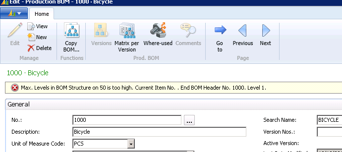 Figure 1 - Error displayed when certifying a production BOM