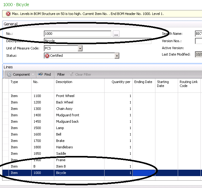 Figure 2 – Identifying a circular reference in the BOM