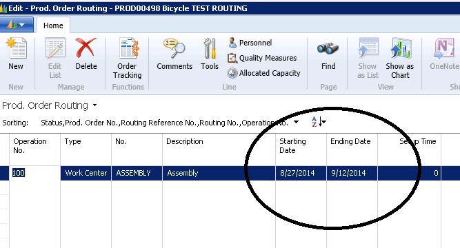 Production Order Routing Lines with Starting and Ending Dates