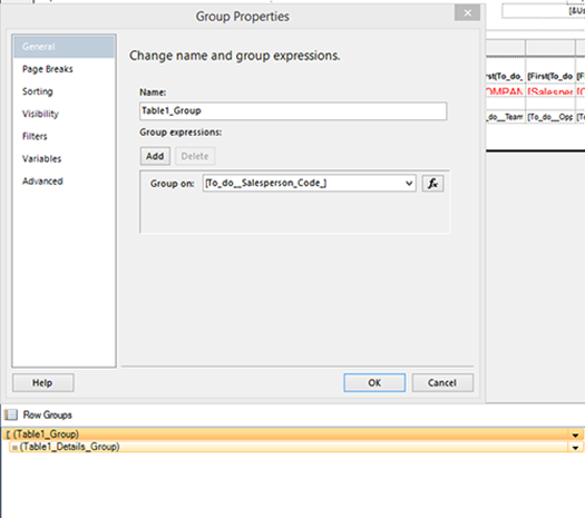 Open the report in layout mode; notice the Group Properties