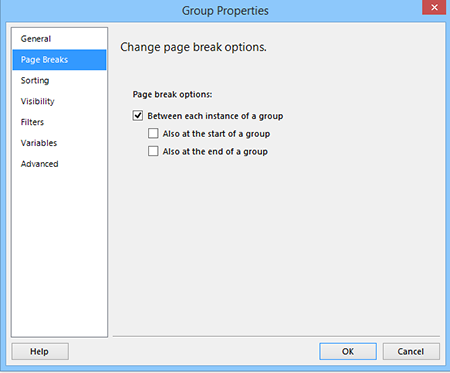 In the Page Break Options, select Between each instance of a group