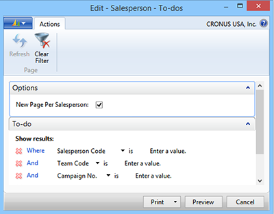 Running the report with the New Page Per Salesperson option selected will create a page break for every salesperson