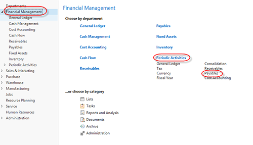 Departments>Financial Management>Periodic Activities>Payables