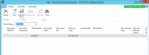 Recurring General Journal – Default Journal with batch selected