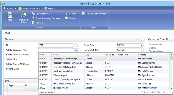 Lookup into the Sell-to Customer No. on a New Sales Order with a drop down list displayed.