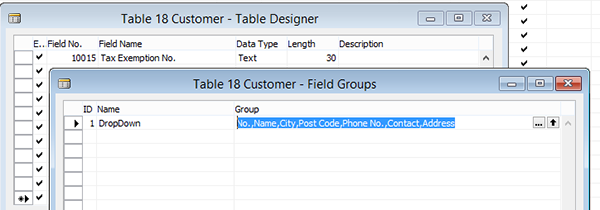 Customer Table -> Field Groups with code for adding “Address” to customer lookup.