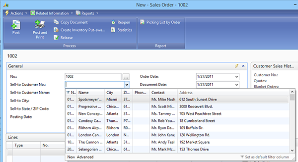 Sell-To Customer No. drop down with address added.