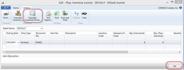 Select Calculate Counting Period from Phys. Inventory Journal