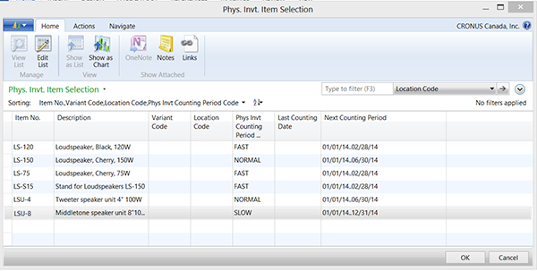 View of the Phys. Invt. Item Selection screen