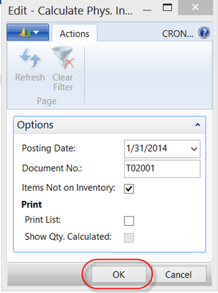 Options available for Calculate Phys. Inventory 