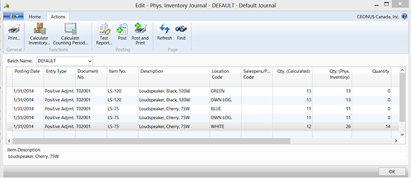 View of the Phys. Inventory Journal. Note the values in Qty. (Phys. Inventory) and Quantity fields