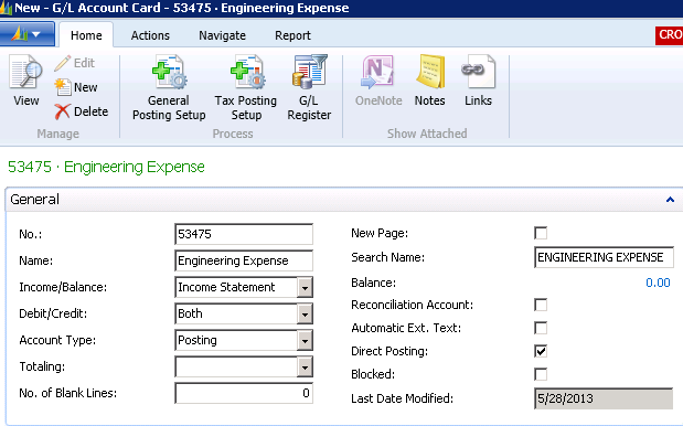 G/L Account Card with new Engineering Expense account