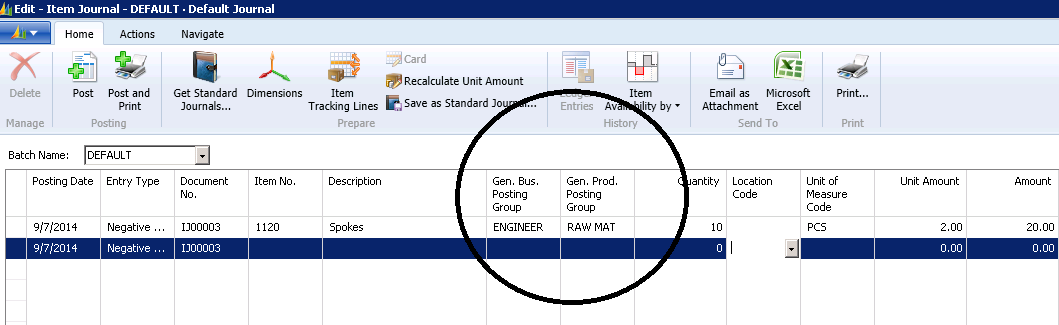 Item Journal with General Business Posting Group set to ENGINEER