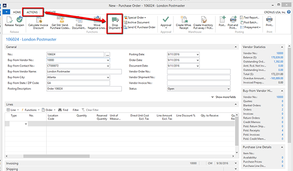 Purchase Order with Actions button and Drop Shipment highlighted