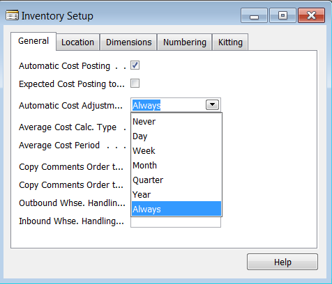 Inventory Setup Window with Focus on Automatic Cost Adjustment