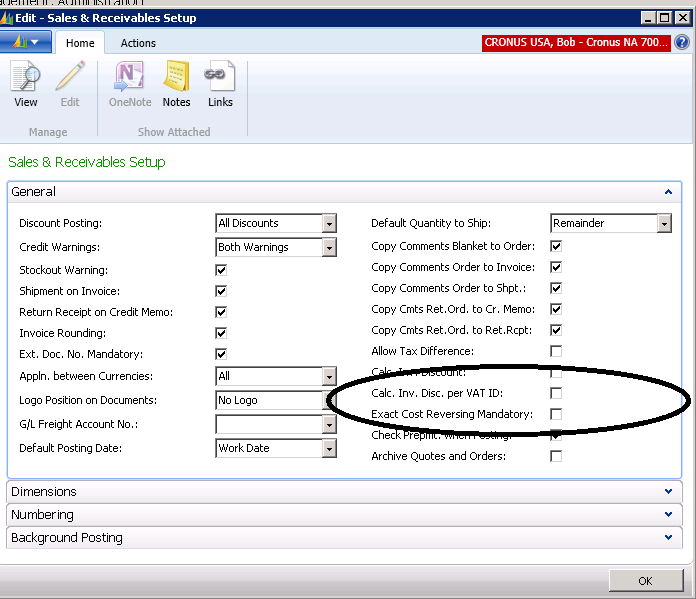 Dynamics NAV 2013 Sales and Receivables Setup window