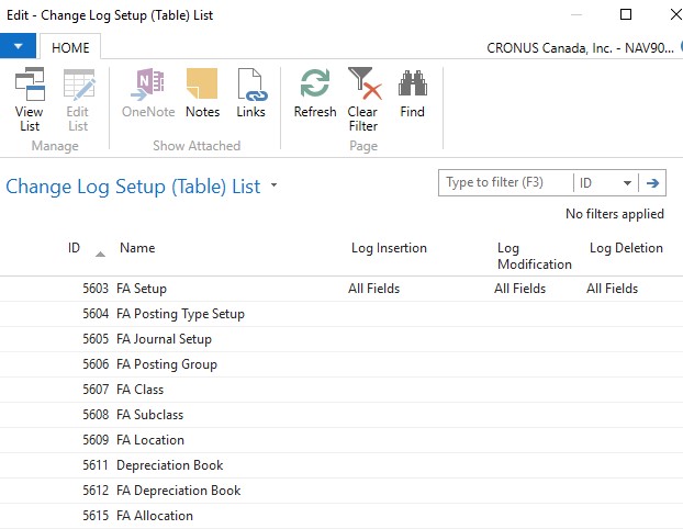 Microsoft Dynamics NAV 2016 Change Log Setup Table List