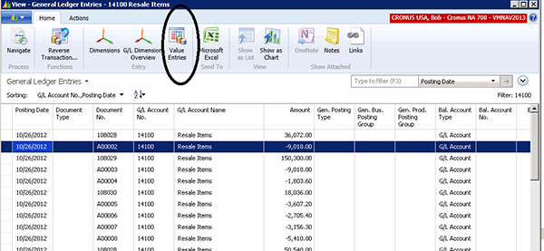 Screenshot showing the ‘Value Entries’ option on the General Ledger Entries screen