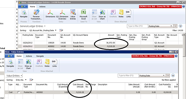 Screenshot showing the Value Entries displayed after selecting ‘Value Entries’ on the General Ledger screen