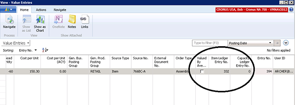 Screenshot showing an Item Ledger Entry Number on the Value Entries screen