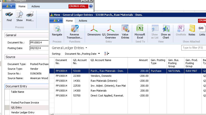The General Ledger Postings for the Purchase Invoice can be seen