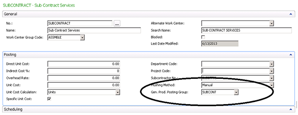 A screenshot showing a Work Center called SUBCONTRACT, with a General Posting Group called SUBCONT