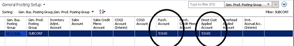 A screenshot showing a general posting setup with a Purchase Account of 53160 and a Direct Cost Applied Account of 53165