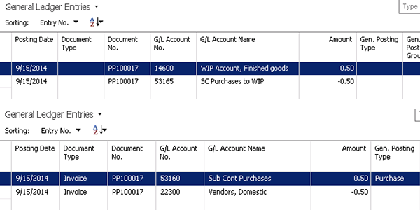 Screenshots showing General Ledger Entries reflecting the invoiced Purchase Receipt