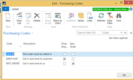 Set up Purchasing Codes with Drop Shipment field checked.