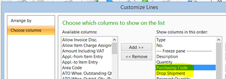 Highlight the “Purchasing Code” and “Drop Shipment” and select the Add button.